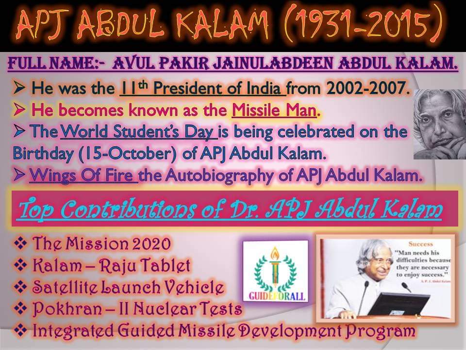 - Tributes🌹to the Great Visionary, People's President, #MissileManOfIndia & #BharatRatna Dr. #APJAbdulKalam on his 87th birth anniversary.

- #WorldStudentsDay is being observed today to #RememberingKalam.

- If you want to shine like a sun, first burn like a Sun. - #Abdulkalam.