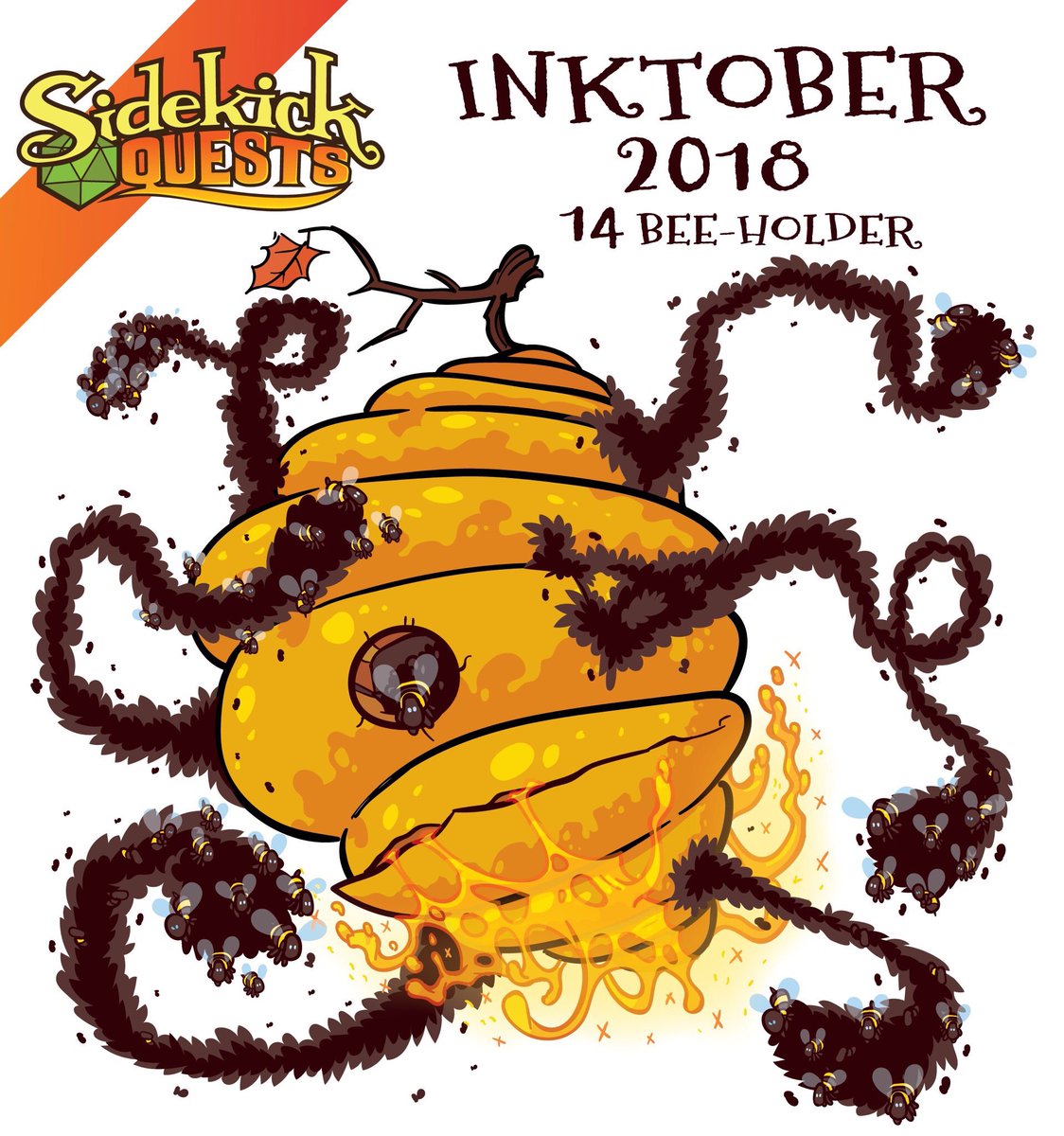 SidekickQuests's tweet image. Today&apos;s Sidekick Quests themed #inktober drawing: A Bee-Holder suggested by Jimmie Bise. Jimmie&apos;s description: It looks like a normal Beholder from a distance, but in reality it is a flying hive of bees. Its levitation is due to the magical Hover Honey the bees make.