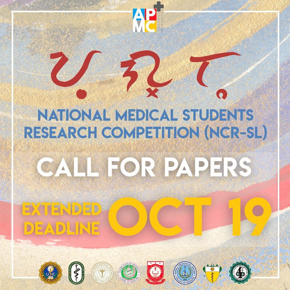 apmcsn's tweet photo. The deadline of abstract submission for the APMC-SN National Medical Student Research Competition (NCR-SL) has been EXTENDED until October 19!
For the complete guidelines, go to https://t.co/rOl8FOXEqn
#NMSRC #MSS2018 #YUGTO #APMCSN360 https://t.co/zUCba0nYZI