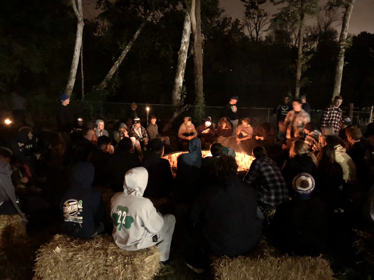 LeffelTiffani's tweet photo. CHS football bonfire. The seniors are talking to the underclassman about what Cathedral football means to them. ☘️🏈 @CathedralFBall @cathed https://t.co/APB3pMtL91