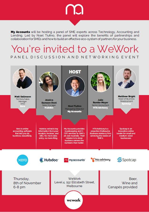 my_accounts's tweet photo. Melbourne, it’s your turn!
We’re excited to bring you a panel of #SME experts to discuss the best use #technology, #lending &amp; how to build an effective #community of partners for your business.
For more info and to register, please click here: https://t.co/46Fs0B031O https://t.co/WT95u1aQkg