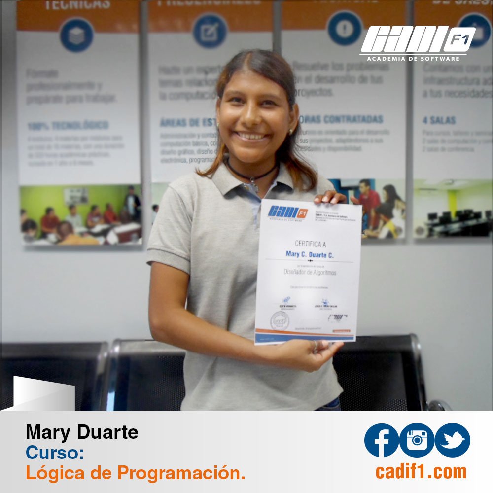 CADIF1's tweet image. ¡Felicitamos a Mary Duarte! quien obtuvo el certificado como diseñadora de algoritmos, al culminar satisfactoriamente los 3 niveles del curso de Lógica de programación 👏👏👏 ¡Éxitos!
#CADIF1 #CursosBarquisimeto #LógicaDeProgramación #YoProgramoConCADIF1