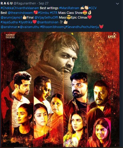 Ragunanthen1992's tweet photo. #ChekkaChivanthaVaanam Best writings #ManiRatnam✍🏼👏🏼#CCV
Best @thearvindswami💖#Simbu #STR Mass Class Show😍👌🏼
@arunvijayno1👍🏼Final @VijaySethuOffl Mass😎Epic Climax❤️
#JayaSudha #Jyothika❤️@santoshsivan🎥👍🏼
@arrahman+@vairamuthu #Bhoomibhoomi,#SevandhuPochuNenju💓 https://t.co/FAPSBEz7AO