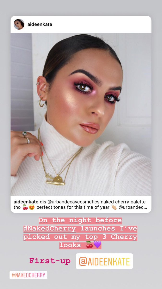 RoTierneyCrowe's tweet photo. Ahead of tomorrow’s @UrbanDecay #NakedCherry launch ive picked out my top 3 fave Cherry looks so far... presenting #CherryCollection by @aideenkate @fabiana_make_up &amp; @elliekellyy #UDIreland #UDDublin 
 🍒💜 https://t.co/hM7xJ0rWpP