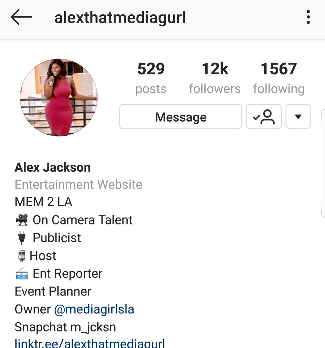 Alex JacksonIG: AlexthatmediagurlOwner of Media Girls LAEntertainment reporterPublicist