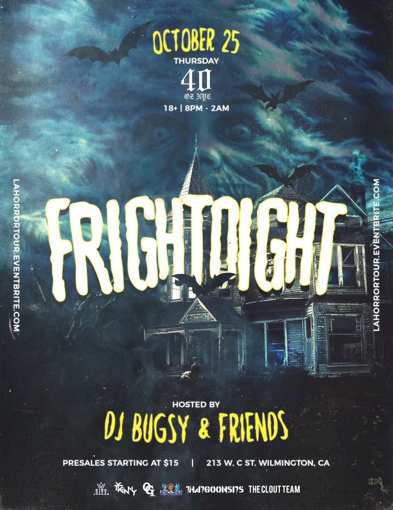 45Carmenb's tweet photo. YALL BITCHES BETTER FUCKING COME AND SHAKE SUM ASS 😂Bugsy &amp; Friends 👻 10/25 
- Halloween Costume Edition🦇
- Live Preformances 🎃
Tickets Are Now Available @
⚡️https://t.co/CPNOyT1gIq 
#FRIGHTNIGHTLA TWO 📍

🐰: https://t.co/k0PmUpohQU https://t.co/Pq0ICniYNu https://t.co/bqwMDTMoDw