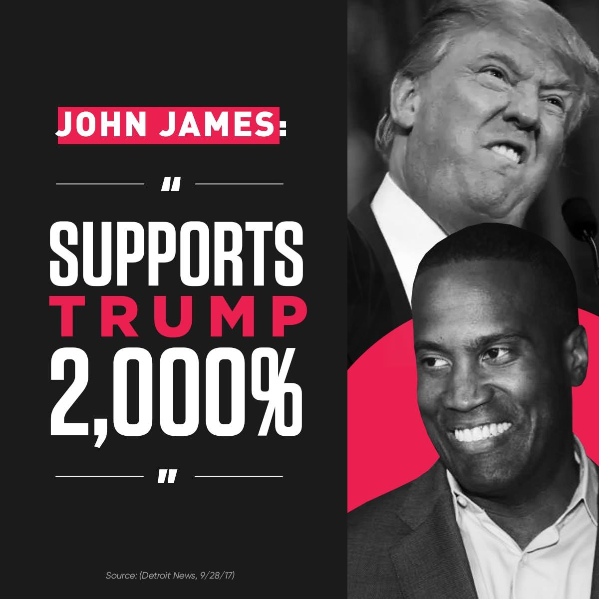MichiganDems's tweet photo. FACT: John James vows to back @RealDonaldTrump 2000% as Senator. @Stabenow will fight for Michigan 2000%. She's done it her whole life. #MISen #MISenDebate https://t.co/YB5Fc4od4A