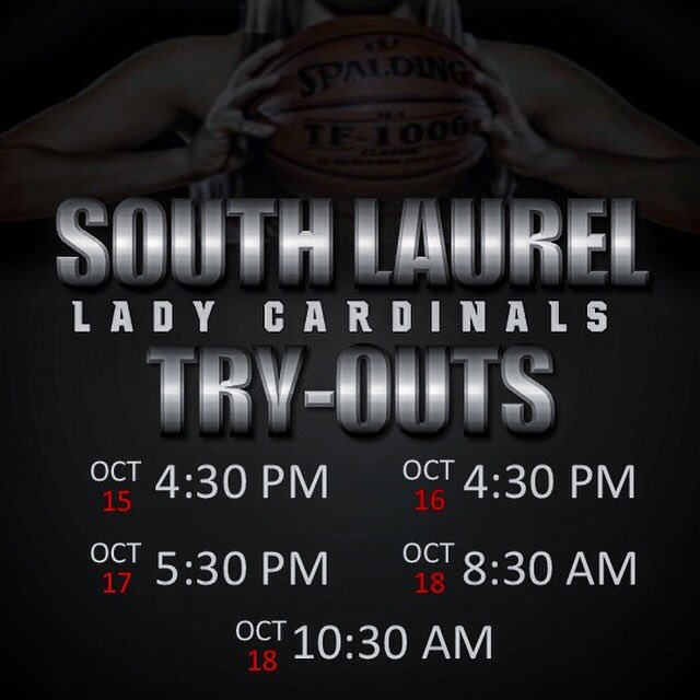 SL_Lady_Cards's tweet photo. 🔴TRY-OUTS⚫️
South Laurel Girls Basketball

Session #1 - Oct 15 - 4:30 pm
Session #2 - Oct 16 - 4:30 pm
Session #3 - Oct 17 - 5:30 pm
Session #4 - Oct 18 - 8:30 am
Session #5 - Oct 18 - 10:30 am

Must have an updated sports physical before trying out! 
#Team27 https://t.co/dHjAyxjbMH