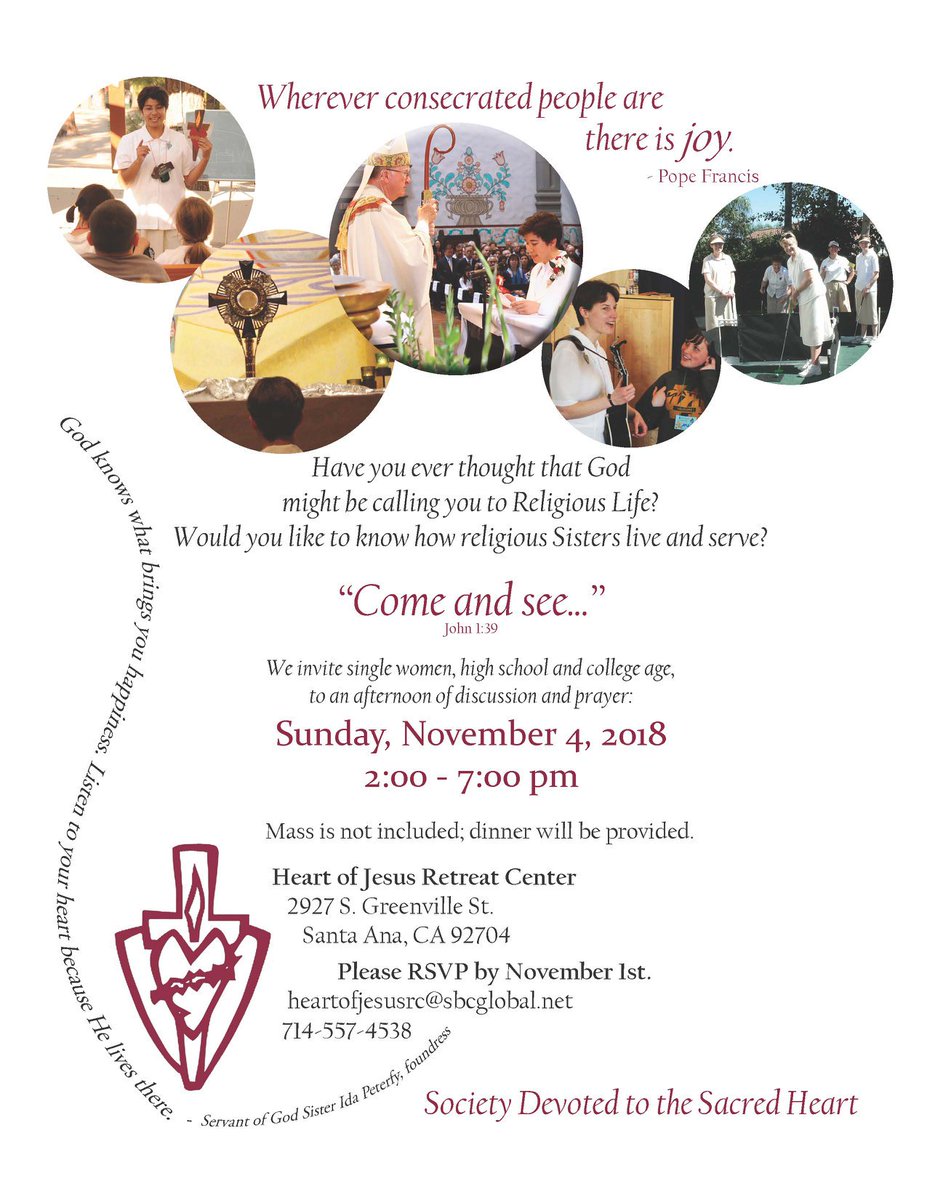 SDSH_Sisters's tweet photo. #SDSHSisters "Come and see..." afternoon at our Heart of #Jesus Retreat Center. All single women, high school &amp; college age, are invited to #prayer, discussion, &amp; #discernment about God's call to #religious life. Details below #vocations #religiouslife #consecratedlife #CMSWR https://t.co/Dw9Noje9aZ