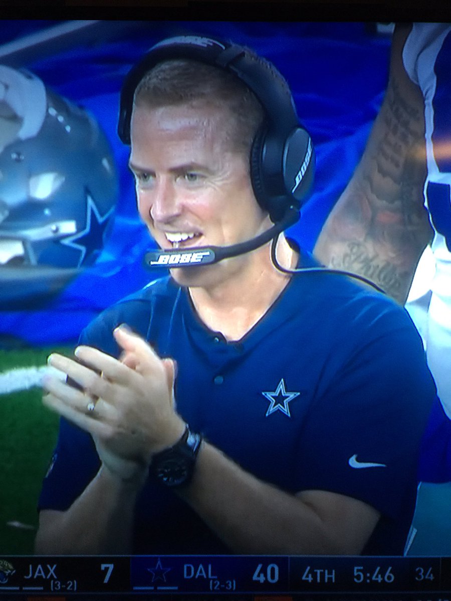 RoadRage7's tweet photo. Look at him. So cute chewing that gum and clapping his hands. Somebody go get him a juice box. He woke up and it was 40-7. Doesn’t have a clue how it happened but he just bought another 5yr extension with Jerry’s ego. #CowboysNation #Cowboys #FCKITALL https://t.co/uv6AGN7rpF