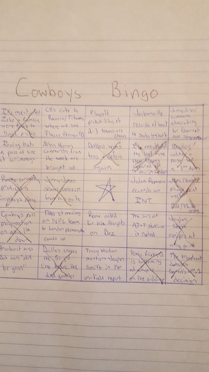 mr_jiveturkey's tweet photo. Great win today by the #DallasCowboys! the only thing that didn't go right was I wasn't able to collect a bingo #poorpenmanship #cowboysbingo https://t.co/Dwo4bNNLU5