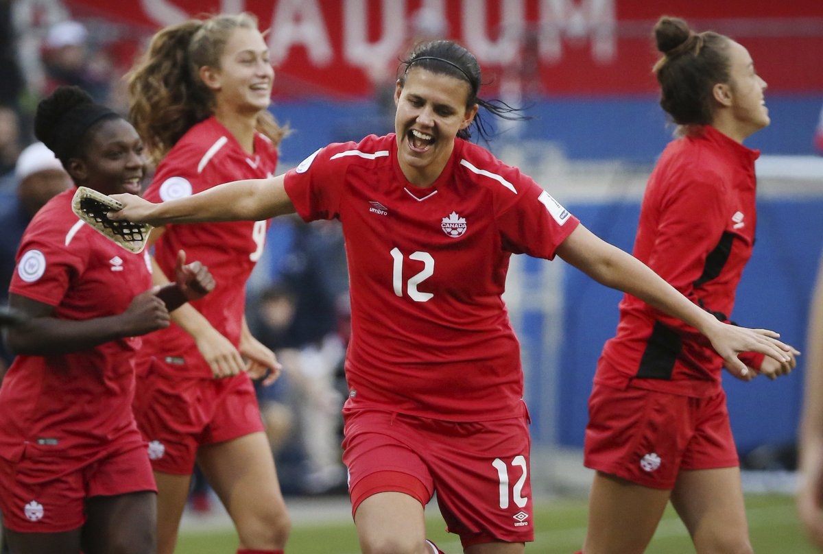 CBCAlerts's tweet photo. The Canadian Women's Soccer Team has clinched a spot at next year's World Cup in France.  Canada cruised to a 7-0 victory over Panama Sunday, with Christine Sinclair scoring twice. She now has 177th international goals. https://t.co/HpMlOTAX6m
