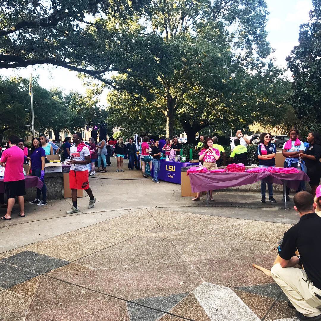 LSUHealthCenter's tweet photo. Take Back the Night, happening now! Candlelight one mile march starts at 7pm! Join in with survivors of sexual violence to show our commitment to end harm. #tbtn2018 #survivorsofsexualviolece #survivors #endharm #streetsquad #freetshirts #freefood #entertainment https://t.co/CncNiXdCL0