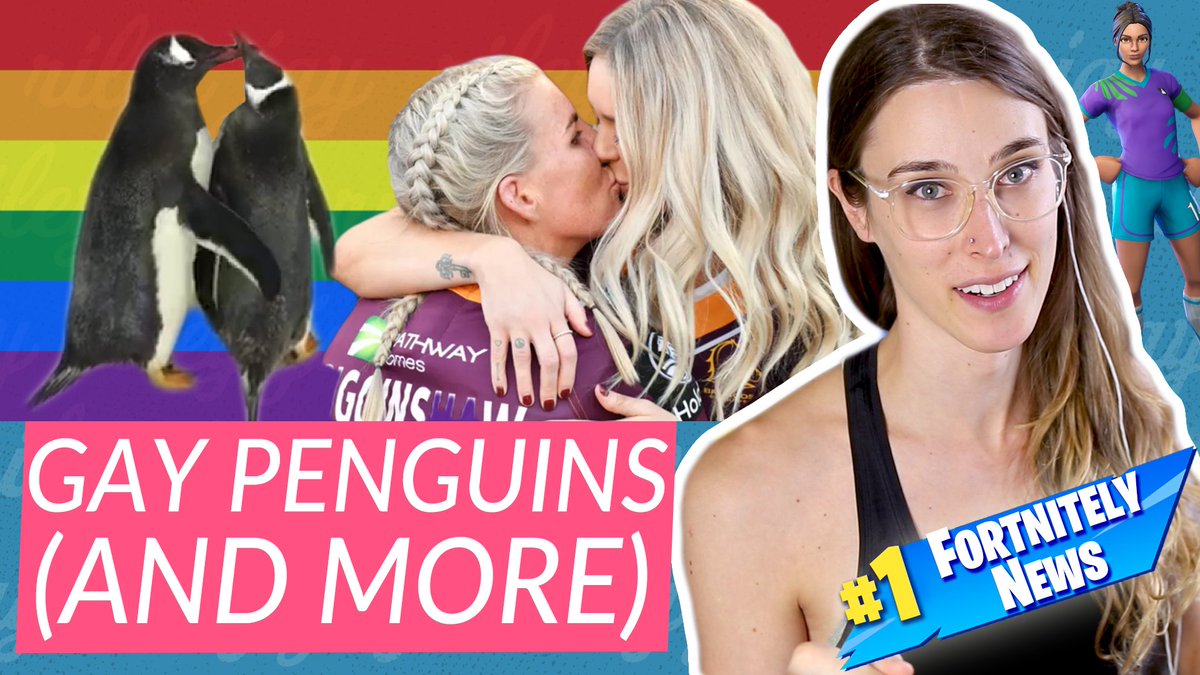 riley on the right next to a fortnite character and the words "#1 fortnitely news". on the left are two penguins cuddling and two women kissing in front of a pride flag. below that are the words "gay penguins and more"