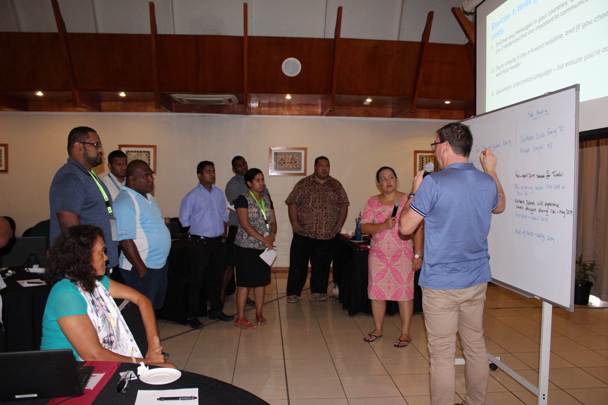 SprepChannel's tweet photo. Pacific met officers boil down their key messages for public audiences, discussing accuracy of terms, misinformation and misunderstanding, and coming to agreement as a group on what makes for better community messaging. #PacificResilience #Media4Met #PICOF #SPREP25 @DaveBathur https://t.co/WebIB0iJ2u