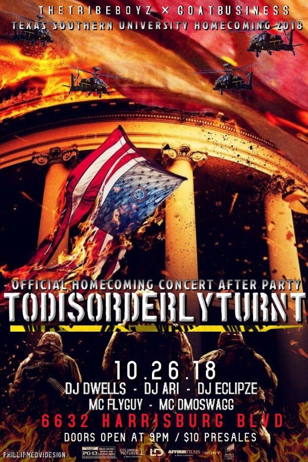 Unsigned713's tweet photo. TXSU 

#ToDisorderlyTurnt 

Official Concert After Party  

#TXSUHC2k18 
10.26.18 

Dj Dwells 
Dj Ari
Dj Eclipze 
MC FlyGuy 
MC Dmoswagg 

$10 presales are in 
dm @phillipmedvi and @PatYouSoNasty for them https://t.co/hoWcOhKi4A