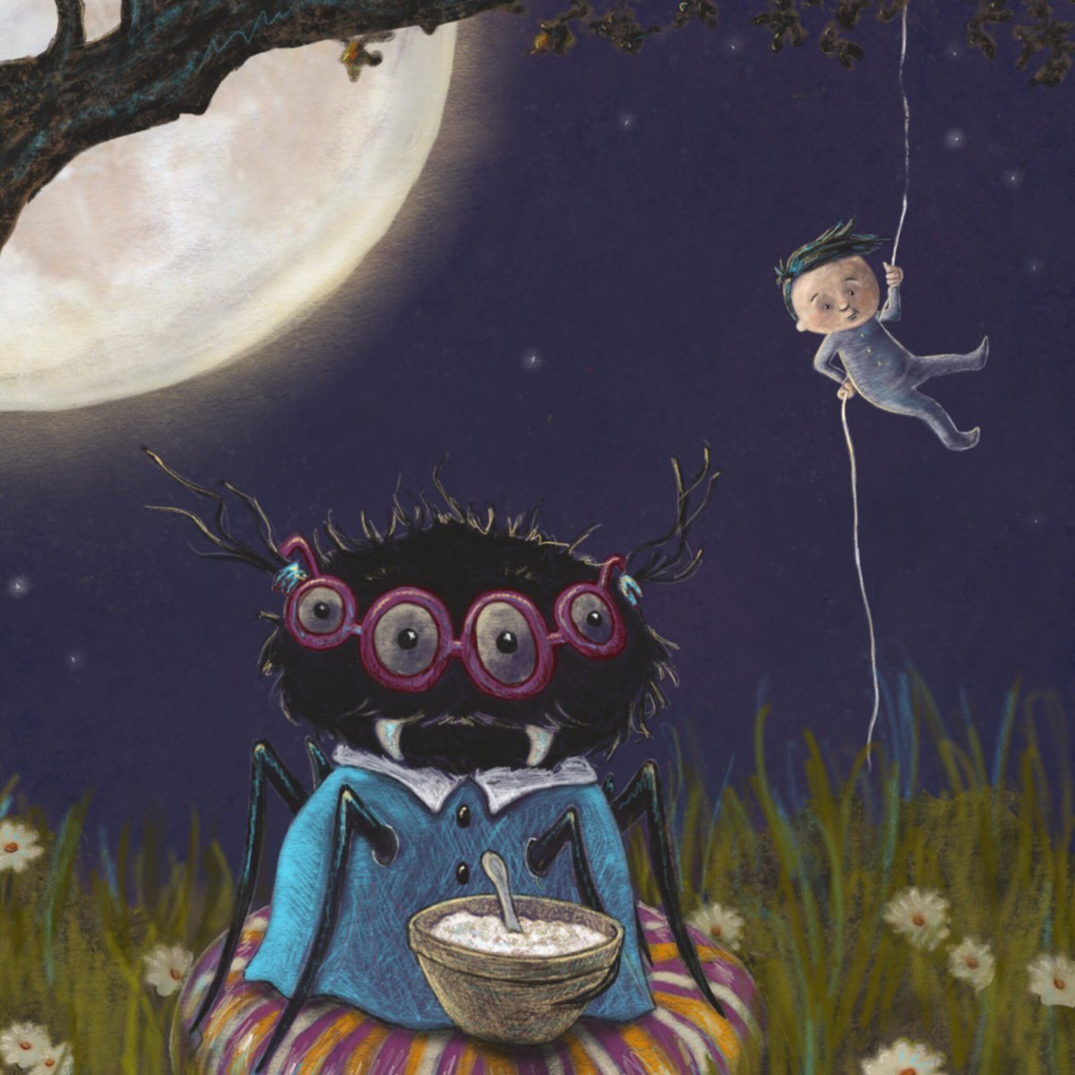 asterplume's tweet photo. Can't a spider sit down to some curds and whey without someone coming along and sitting down beside her? #missmuffet #kidlitart #illustration #childrensbookillustration #spider #moon #tuffet https://t.co/ygvPIcAqey