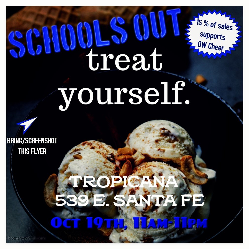OlatheWestCheer's tweet photo. OCT 19... schools out!
Grab some friends and head over to π
TROPICANA on Santa Fe!
Hours- 11am-11pm
Enjoy delicious food, fried desserts or yummy homemade icecream (30+ choices)!
15% of sales ALL DAY benefits #owcheer #owstuco #olatheschools #joco #olathe #tropicana #icecream https://t.co/UfJCMIYGqV