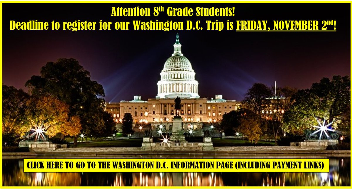 Upcoming registration deadline - Friday, November 2nd! Who wants to spend two days in DC with me?🤩I’m excited to share this fantastic learning experience with our students! tinyurl.com/apexmiddledc19 <a href="/apexmscougars/">Apex Middle School</a> <a href="/apexmiddlepta/">Apex Middle PTA</a>