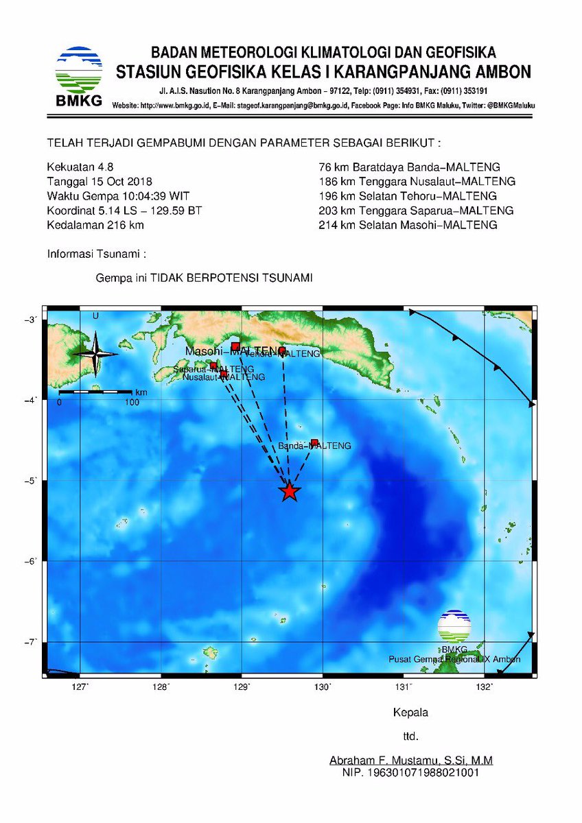 SetyoajieP's tweet photo. #infoBMKG #Gempa Mag:4.8 SR, 15-Oct-18 10:04:39 WIT, Lok:5.14 LS-129.59 BT (76 km Baratdaya Banda-MALTENG, 186 km Tenggara Nusalaut-MALTENG), Kedlmn:216 km #BMKG-PGR IX https://t.co/PTzehJ7aC8