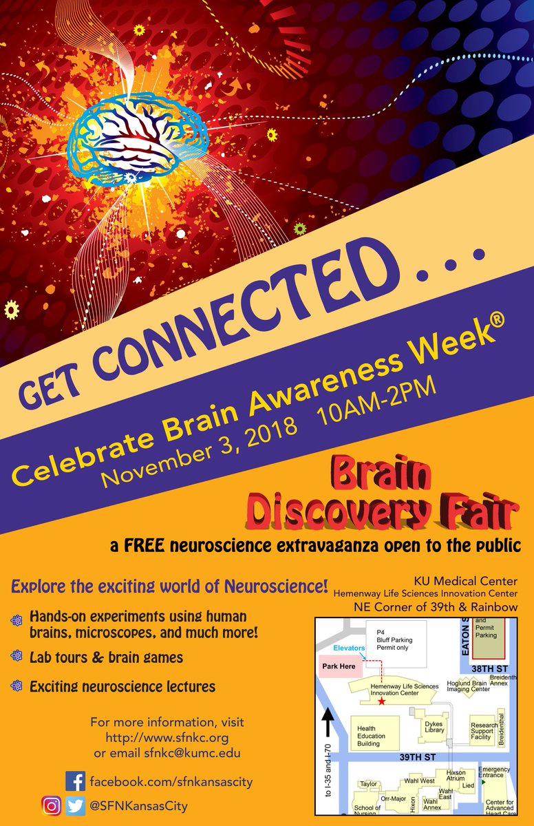 The 2018 Fall Brain Discovery Fair is just around the corner! Mark your  calendars for Saturday Nov. 3rd for a day of exciting neuroscience  demos. A free event geared for students of all ages, organized by yours  truly the SfN Kansas City Chapter.

sfnkc.org/wp/2018-brain-…
