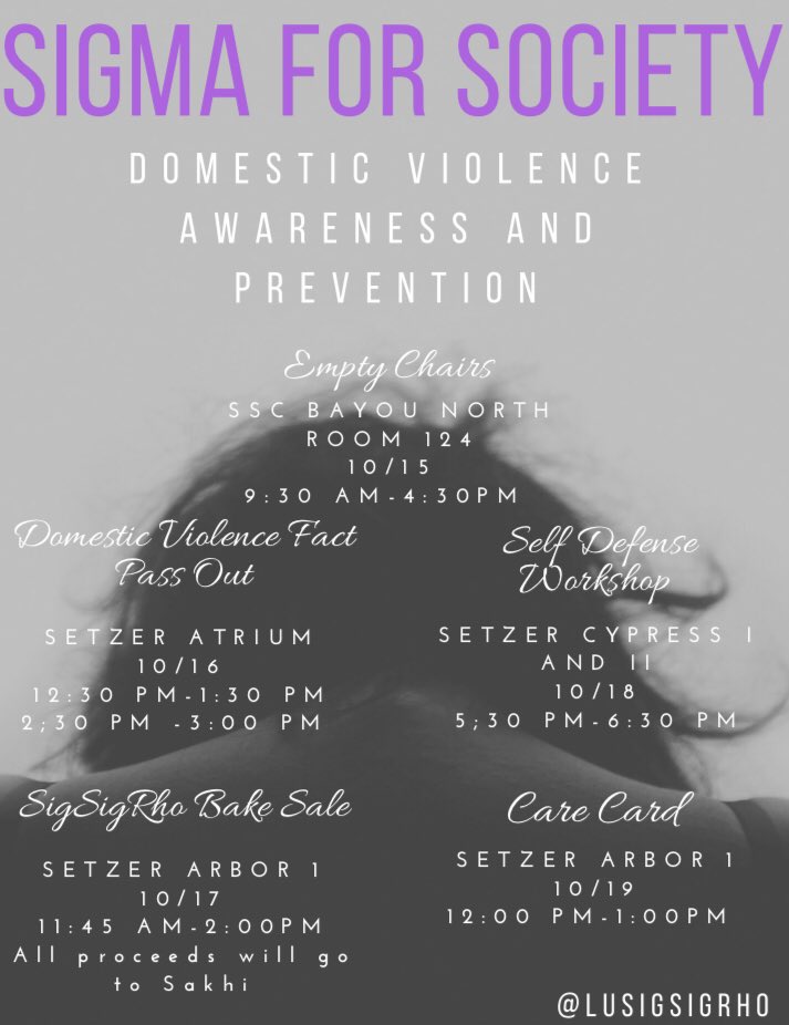 LUSigSigRho's tweet photo. Sigma For Society week starts tomorrow! Come out and join the fight against Domestic Violence 💜 #DomesticViolenceAwareness #BreakTheSilence #StopTheViolence #onelove https://t.co/bhibIdp7ME