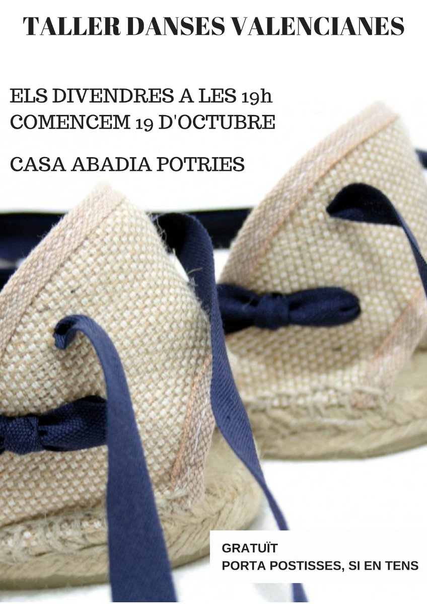 A partir del 19 d'octubre, cada divendres a les 19.00 h, a la casa Abadia de Potries, es realitzarà un taller de Danses Valencianes.

Si tens ganes de comboi i de conéixer balls tradicionals, ja saps, apunta't!