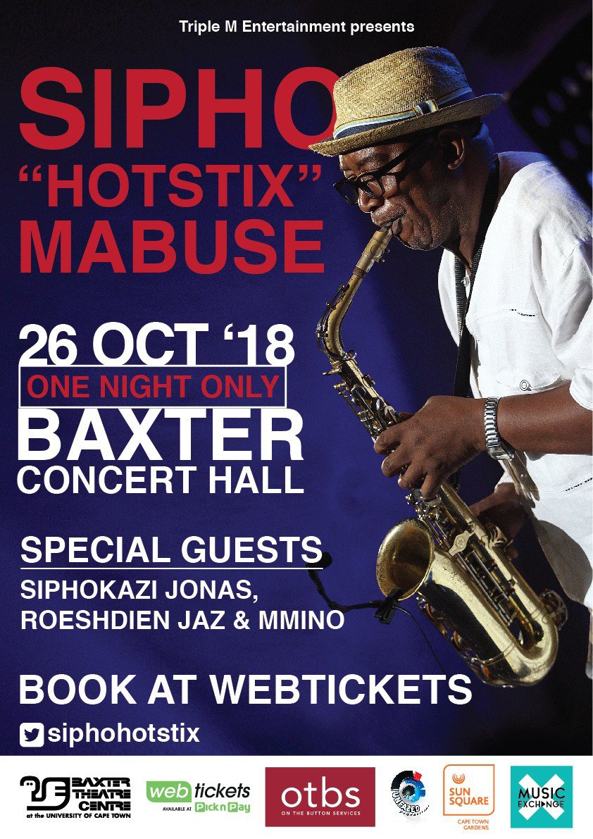 _traceykim_'s tweet photo. It's been more than 3 decades but @siphohotstix is back at the @BaxterTheatre for #OneNightOnly
He's joined by Siphokazi Jonas Roeshdien Jaz & Mmino and YOU if you get to @webticketsSA before the 26th October
#Music #SoundOnStage @GalloRecordsSA https://t.co/d62OAIl7FV