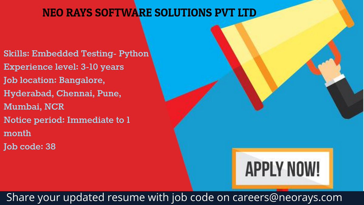 NeoRaysSoftware's tweet image. We have an urgent requirement for Embedded Testing-Python with 3-10 years experience.
Intrested candidates can share resume to careers@neorays.com
#EmbeddedTesting #Python #JobOpenings #Hiring #Neorayssoftwaresolutions