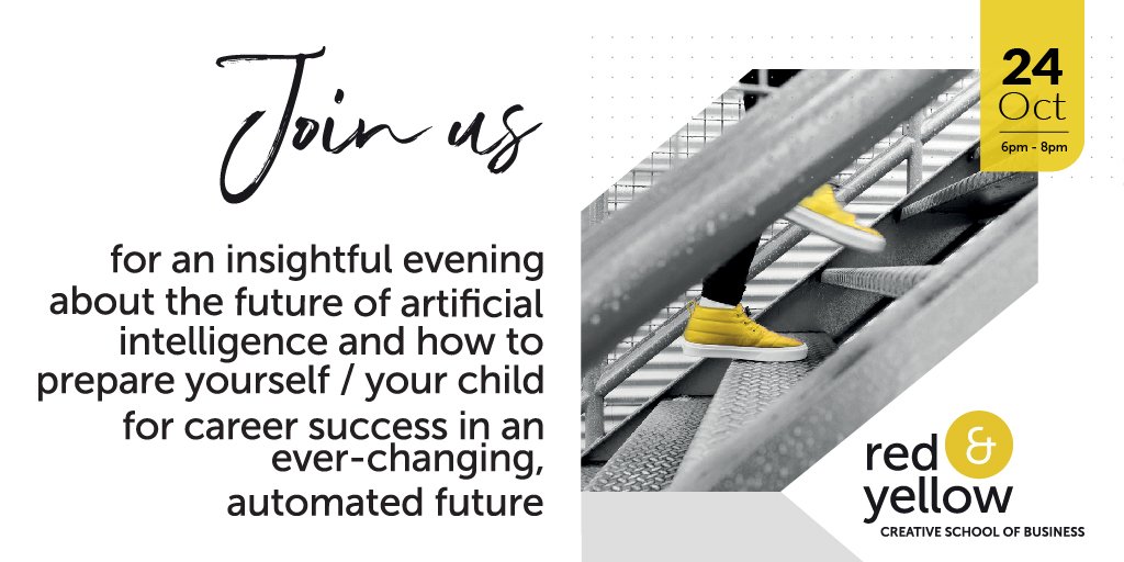 AMASACapeTown's tweet image. Red &amp;amp; Yellow invite you to join them in learning how to prepare yourself /your child for career success in an ever-changing, automated future. 
Date: 24 October 2018
Time: 6:30 - 8pm 
Where: Red &amp;amp; Yellow, 97 Durham Avenue, Salt River, Cape Town. 
To RSVP: bit.ly/2RQTpIy