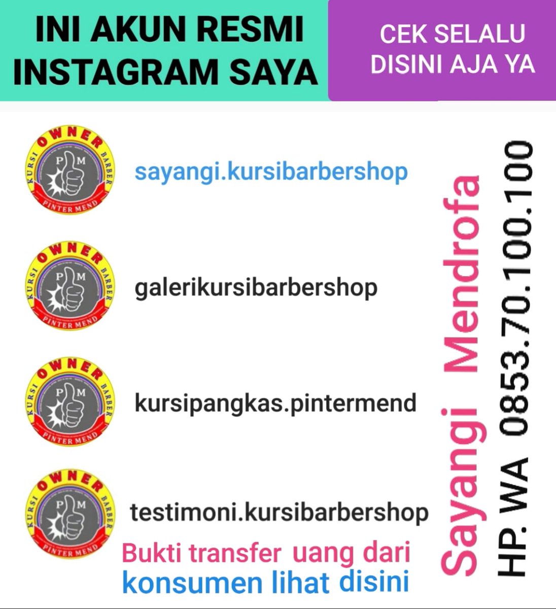 PinterMend's tweet image. Permisi Gan siapa tau ada rekan- rekan yg membutuhkan. Kursi barbershop mewah pinter mend sedang promo dan ada diskon Besar hub. OWNER: SAYANGI MENDROFA Hp.0853 70 100 100 WA Bantu Share ya 🙏