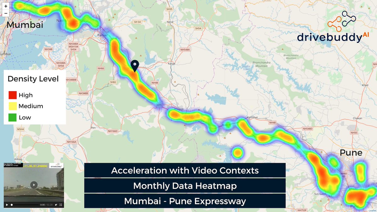 drivebuddyAI's tweet image. @drivebuddyAI driving data &amp;amp; video analytics platform. #heatmap for #overspeeding,#hardacceleration,#hardbreaking with Video data. Data for the vehicle moving #Mumbai-#Pune #Expressway in September2018. Making sense out of Human driving to make Autonomous Vehicles of tomorrow.