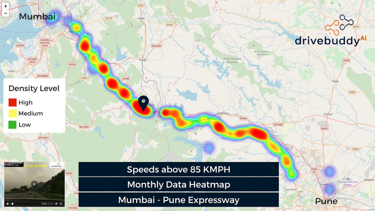 drivebuddyAI's tweet image. @drivebuddyAI driving data &amp;amp; video analytics platform. #heatmap for #overspeeding,#hardacceleration,#hardbreaking with Video data. Data for the vehicle moving #Mumbai-#Pune #Expressway in September2018. Making sense out of Human driving to make Autonomous Vehicles of tomorrow.