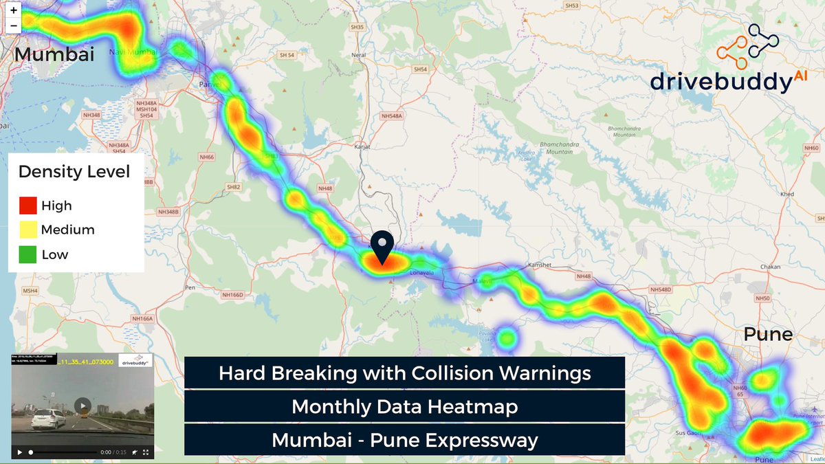 drivebuddyAI's tweet image. @drivebuddyAI driving data &amp;amp; video analytics platform. #heatmap for #overspeeding,#hardacceleration,#hardbreaking with Video data. Data for the vehicle moving #Mumbai-#Pune #Expressway in September2018. Making sense out of Human driving to make Autonomous Vehicles of tomorrow.