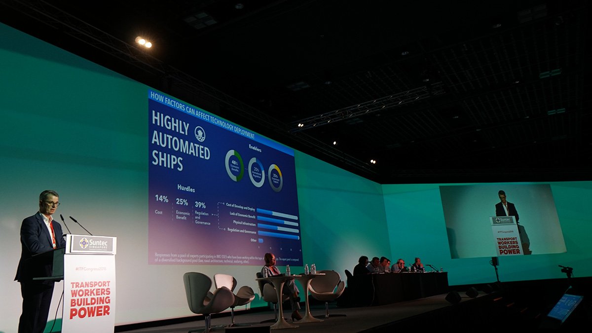 ITFCongress2018's tweet photo. Hurdles for highly automated ships: biggest hurdles are economic benefits, international regulation and government support. #ITFCongress2018 #ITFDockers https://t.co/SVKoZ1uAPS