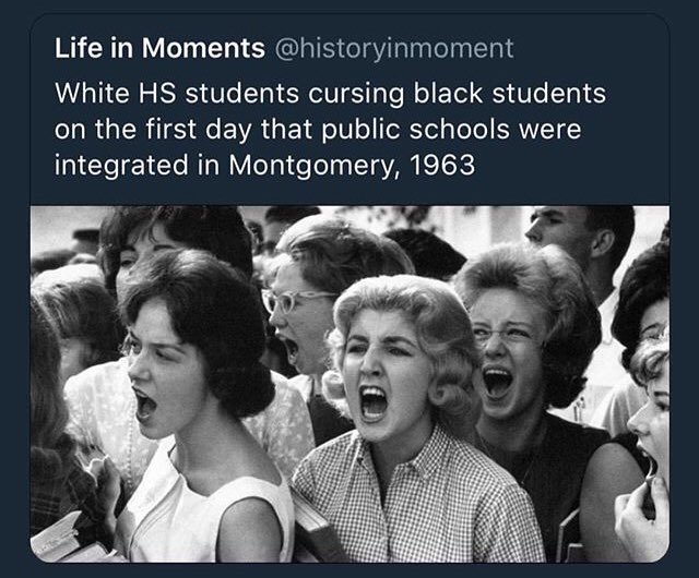 jenntle_'s tweet photo. 1963 was 55 years ago. These are high school students so 55+18=73. That’s definitely someone’s grandma’s age. And people try to say racism isn’t alive anymore ??? #fresheyes https://t.co/Vk1E93nvHc