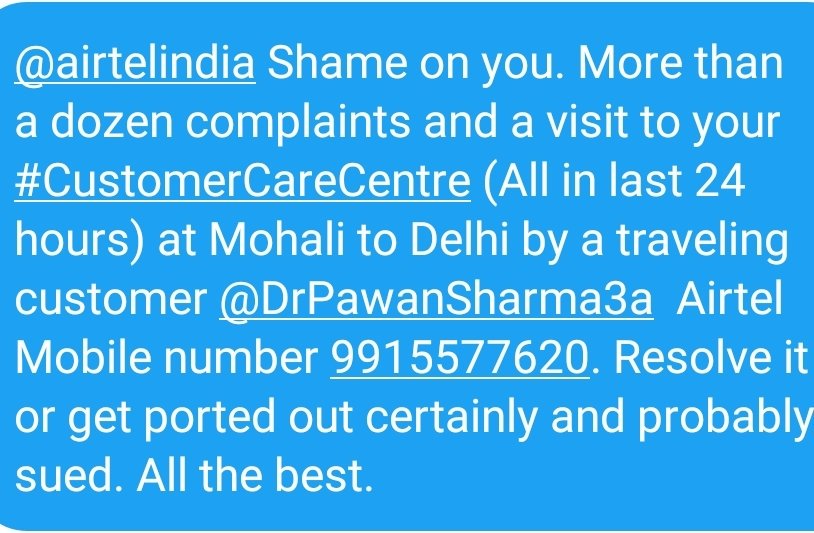 DrAnilGrover's tweet photo. @Airtel_Presence  Refers to Airtel Sim 9915577620 belonging to @DrPawanSharma3a. A gem of reply from your agent: 'Why don't you keep two mobile phones? Torts Law would have robbed you of millions but it is not on Indian statutes. You will loose customers though. Godbless. https://t.co/MqOnjK68m6