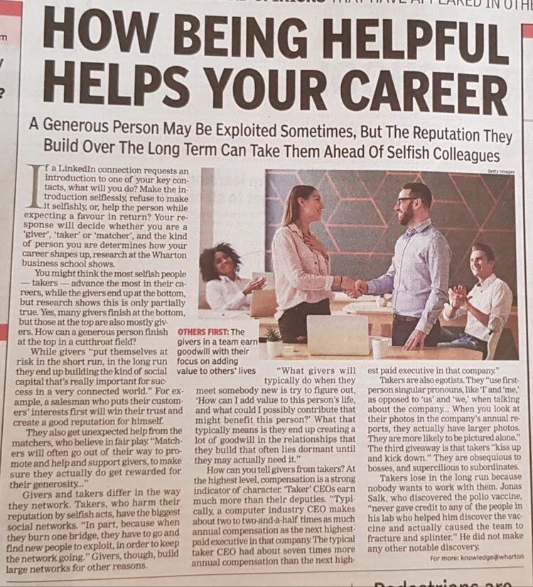 Useful quick read...Givers Vs Takers
1. Givers have vast social capital, Takers short term connects
2. Givers pay forward, Takers empty the coffers 
3. Givers build bridges, Takers build walls 
4. Givers create value, Takers evaluate
#Learning #Life #Leadership