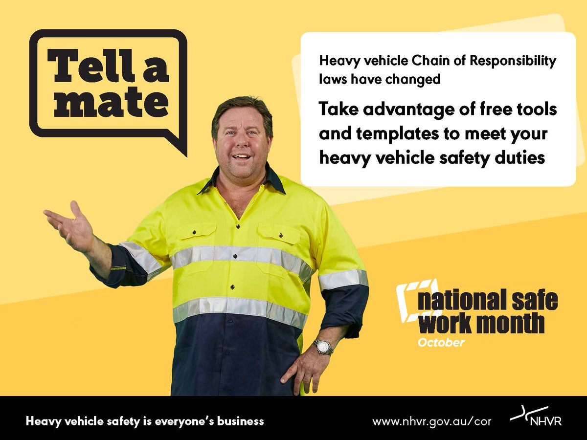 NHVR's tweet photo. Changes to Chain of Responsibility safety duties began on Oct 1.

Take advantage of free tools and templates to meet your heavy vehicle safety duties.

Tell a mate that together we can make heavy vehicle operations safer.

Visit https://t.co/PkhhU1tlJl

#nationalsafeworkmonth https://t.co/rUctDTVhpV