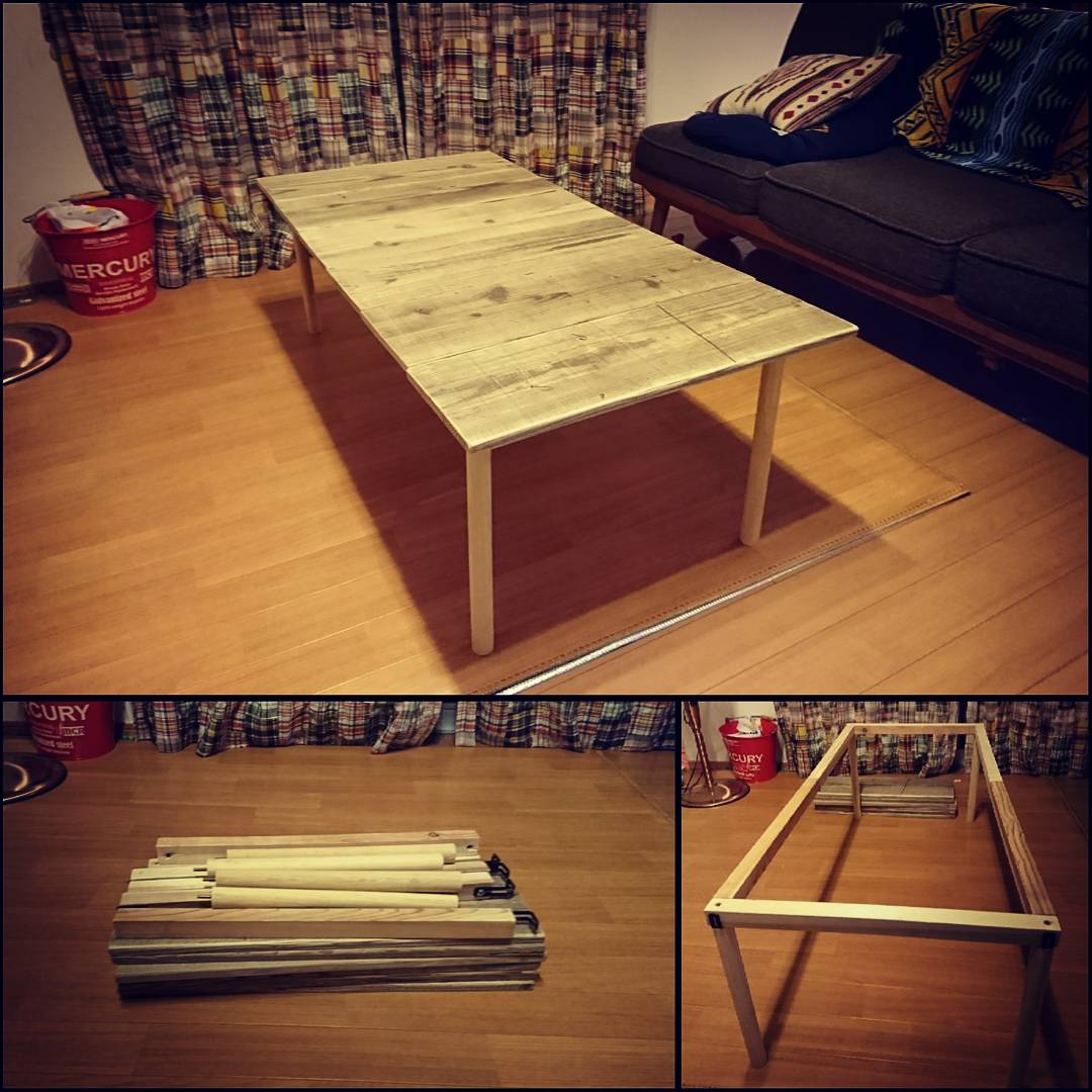 Mob Factory Twitterren まだ完成ではないですが 組み立て式古材ローテーブル コンパクトに持ち運べて なるべく人と被らず おしゃれで天板の広いローテーブルが欲しかったのでdiy 後は塗装して天板をppベルトで繋ぐだけ 古材ローテーブル 古材 足場板