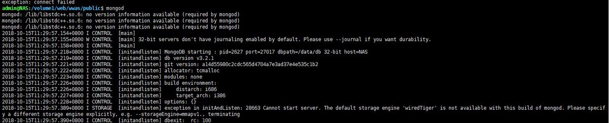 dnxh's tweet photo. @ACMENets exception in initAndListen: 28663 Cannot start server. The default storage engine 'wiredTiger' is not available with this build of mongod. Please specify a different storage engine explicitly, e.g. --storageEngine=mmapv1., terminating https://t.co/vdoyINs4i5