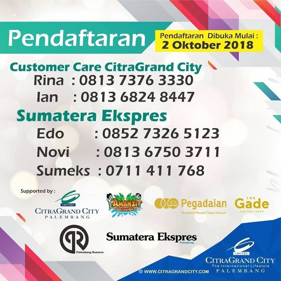 The Best Market Fest in Palembang is coming to town!..
CGC Market Fest 2018
Oct, 27-28 2018
at CitraGrand City

Come and join us 
ECORUN 5K (Registration IDR 60K / Person)

More info :
Rina 0813-7376-3330
Ian 0813-6824-8447
Edo 0852-7326-5123
Novi 0813-6750-3711