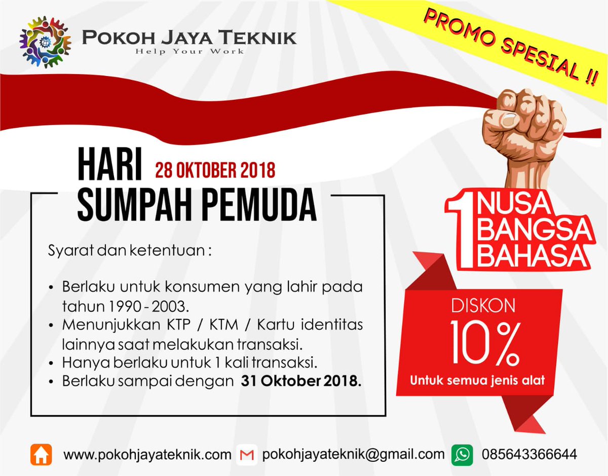pokohjayateknik's tweet photo. Menyambut Hari Sumpah Pemuda, promo diskon 10% untuk sewa semua alat di Pokoh Jaya Teknik. Syarat & Ketentuan berlaku.
Pokoh Jaya Teknik - Help Your Work!
#PokohJayaTeknik
#HelpYourWork
#sewamolenjogja
#sewatroweljogja
#sewagensetjogja https://t.co/zESpFbACqq