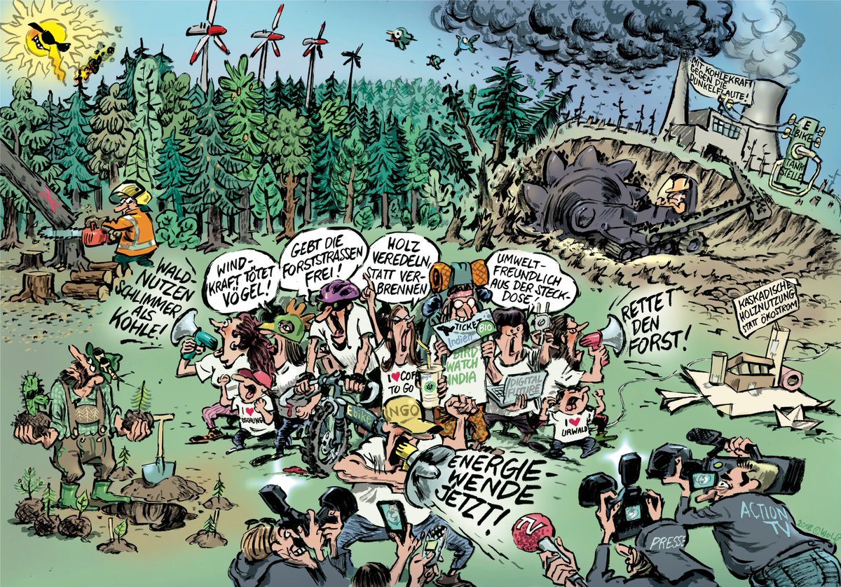 Oekoenergie_Red's tweet photo. Die nachhaltige Waldbewirtschaftung und damit auch der Wald stehen unter Druck. Fossile Energie verändert das Klima, Rodungen vernichten Nutzflächen und die Gesellschaft erweitert ständig ihre Ansprüche: Erholung, Wildnis, Rohstoffe und Energie für Billig-Produkte #OE_Karrikatur https://t.co/6HFZ8f129k