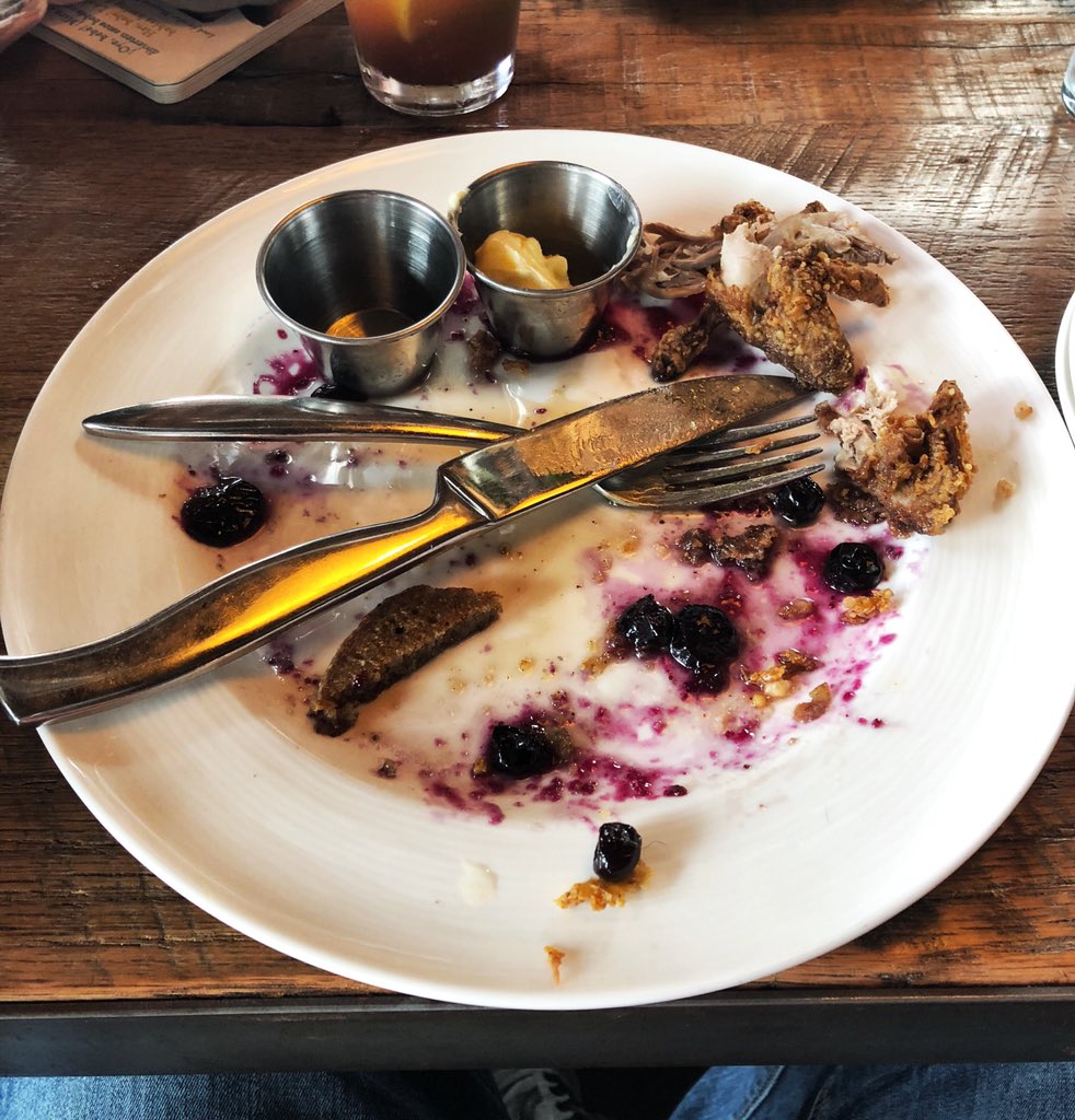 whatdatis1's tweet image. Buckwheat johnnycakes, flash fried Georgia quail, house made blueberry syrup, whipped butter #brunch