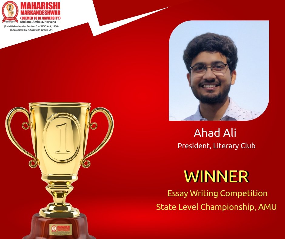 MMDUmullana's tweet photo. #Congratulations
Mr. Ahad Ali, President, Literary Club, @MMDUmullana is announced as #State_Level_Champion in #Essay_Writing Competition by AMU and is awarded with #cash_prize. We #congratulate him for his achievements and wish him all the best for his future endeavours . https://t.co/dIvUjiRa6s