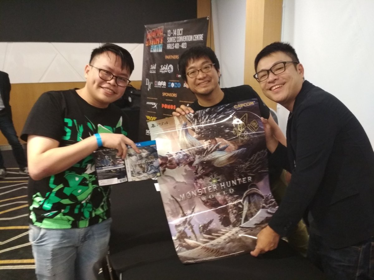 MrRoundDB's tweet photo. With Kaname Fujioka and Yuuya Tokuda, Executive Directors and Art Directors behind Capcom's Monster Hunter World (@monsterhunter) at #GameStart2018 @GameStartAsia https://t.co/GBYjjfmLkd