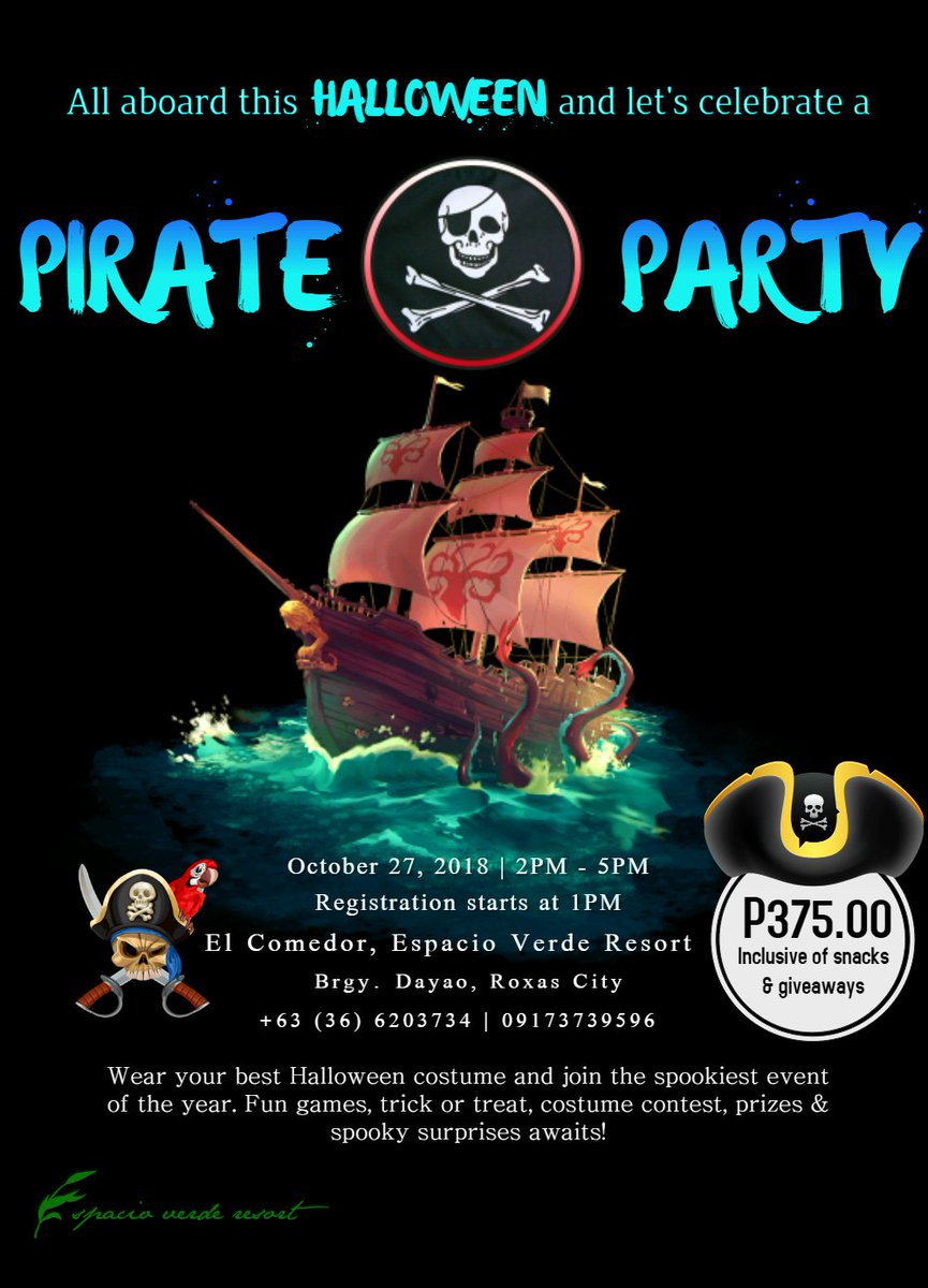 espacioverdeph's tweet photo. Save the date and join us in celebrating Halloween in 'Pirate' style. Wear your best Halloween costume and win surprising prizes. Come and let's celebrate the spookiest event of the year. 👻☠️ #espacioverderesort #halloween2018 #halloweenparty #pirateparty #halloweenparty2018 https://t.co/eGEBBnGewr