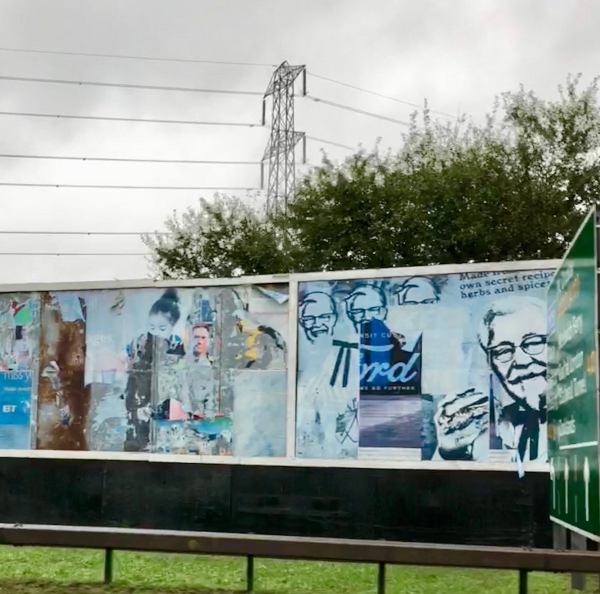 matkemp's tweet photo. FADED CELEBRITY CHEF and other old ads, accidental art on unattended M11 billboard #kfc #essex #collage #ford https://t.co/DjBA9Jsoam
