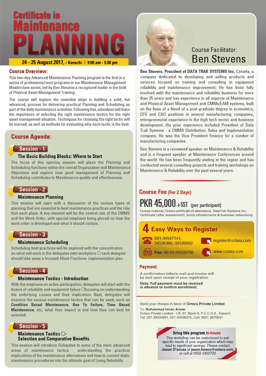 TeamOctara's tweet photo. Save the Dates: November 5-6, 2018 – Karachi
CERTIFICATE IN MAINTENANCE PLANNING by Ben Stevens...only from Octara!!!
Download e-Brochure from here https://t.co/W7gawEhSOD
#MaintenancePlanning #BenStevens @EngroCorp @alkaramstudio @Efroze @OGDCL https://t.co/2GbHmGIjQC